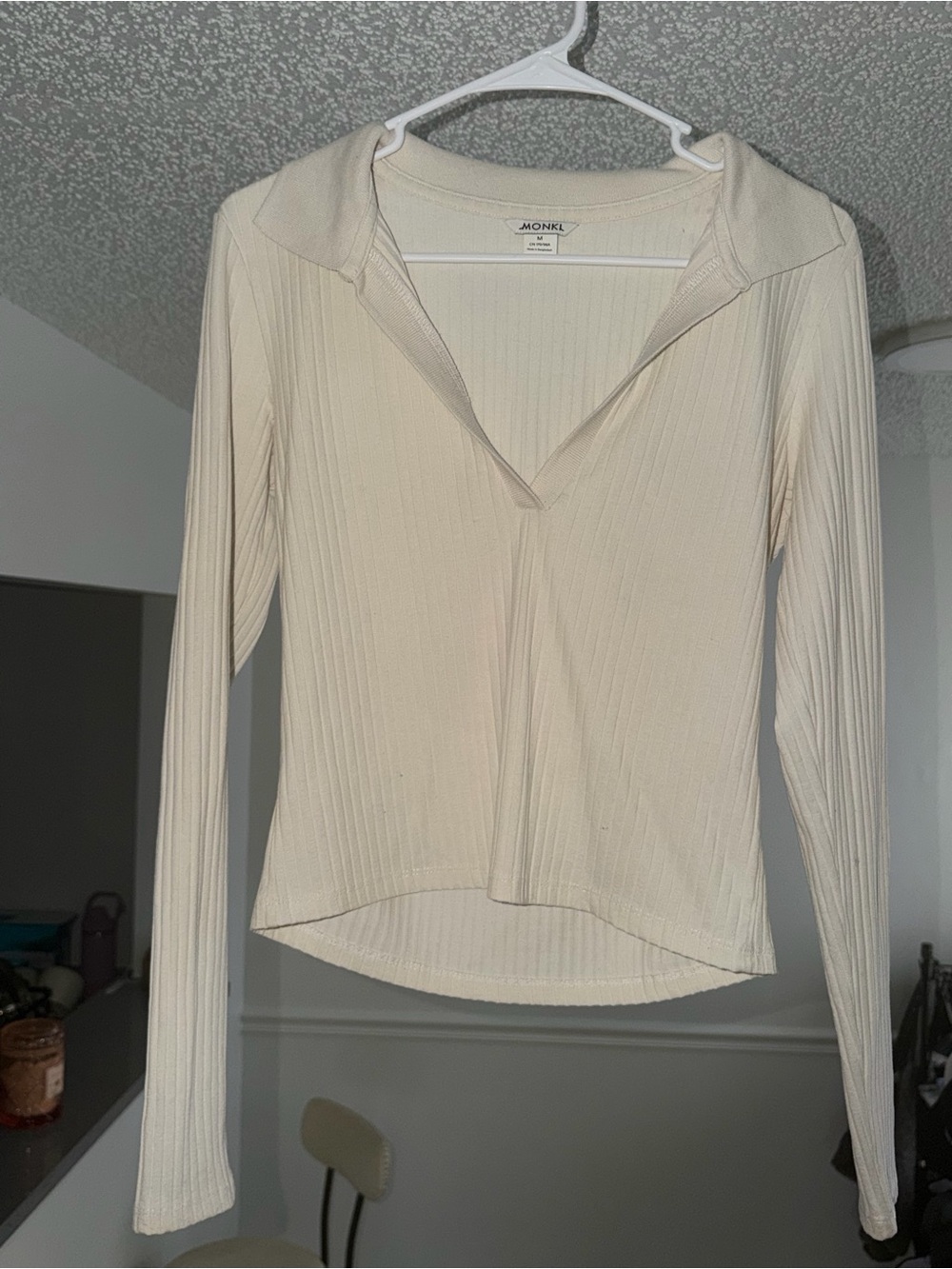 Monki Cream Ribbed Long Sleeve V-Neck Polo